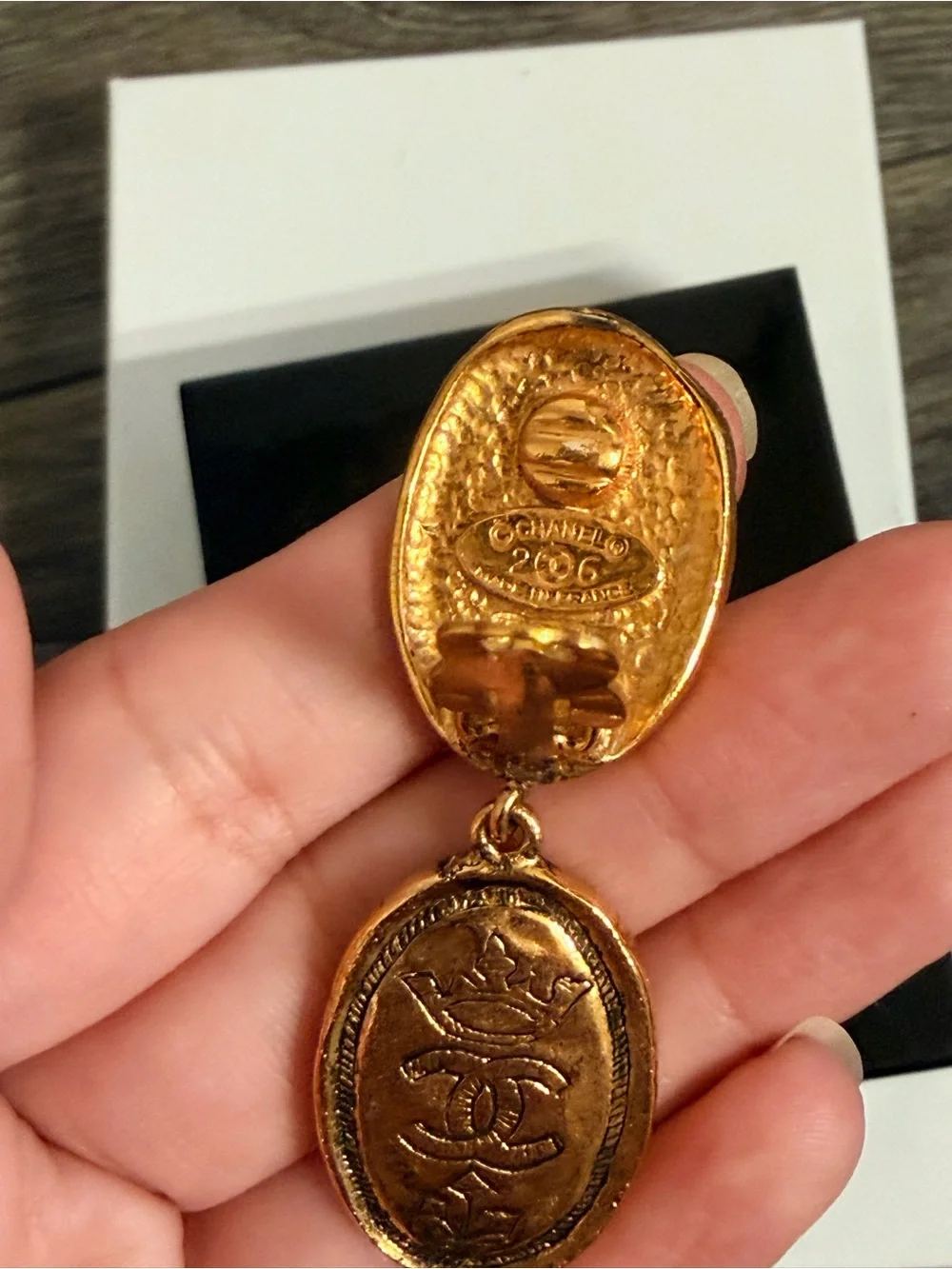CHANEL Vintage Gold CC Crown Oval Drop Clip On Earrings